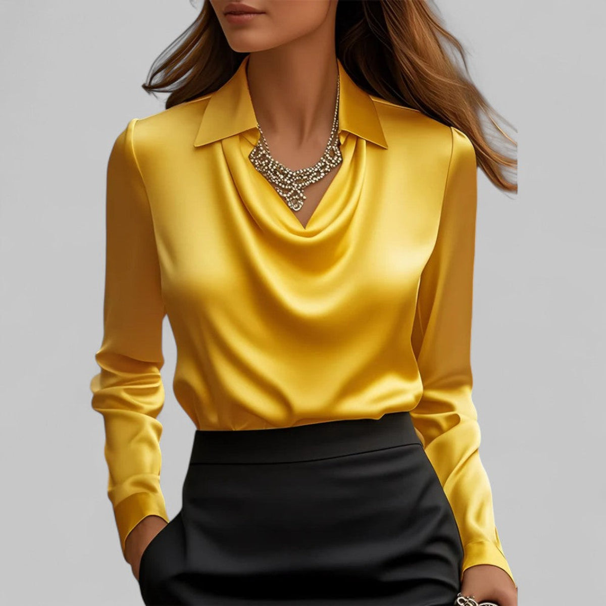 Draped Neck Long Sleeve Satin Blouse Women Elegant Chic Fashion Top 6