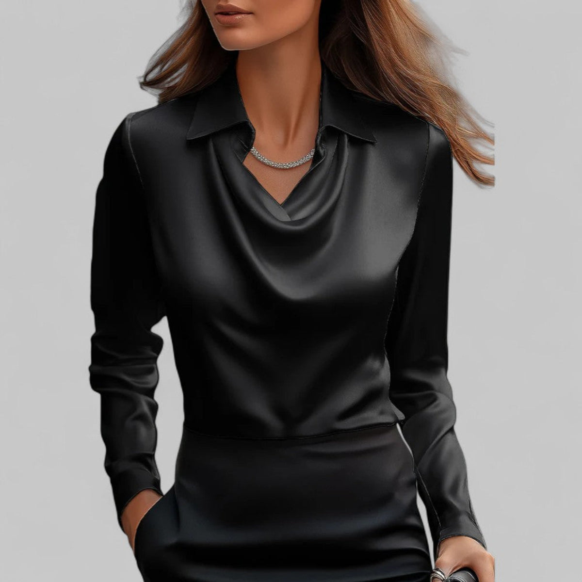 Draped Neck Long Sleeve Satin Blouse Women Elegant Chic Fashion Top 8