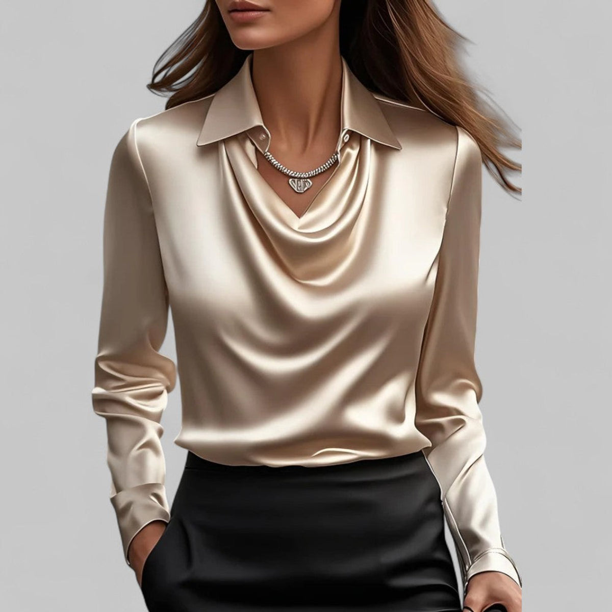 Draped Neck Long Sleeve Satin Blouse Women Elegant Chic Fashion Top 9