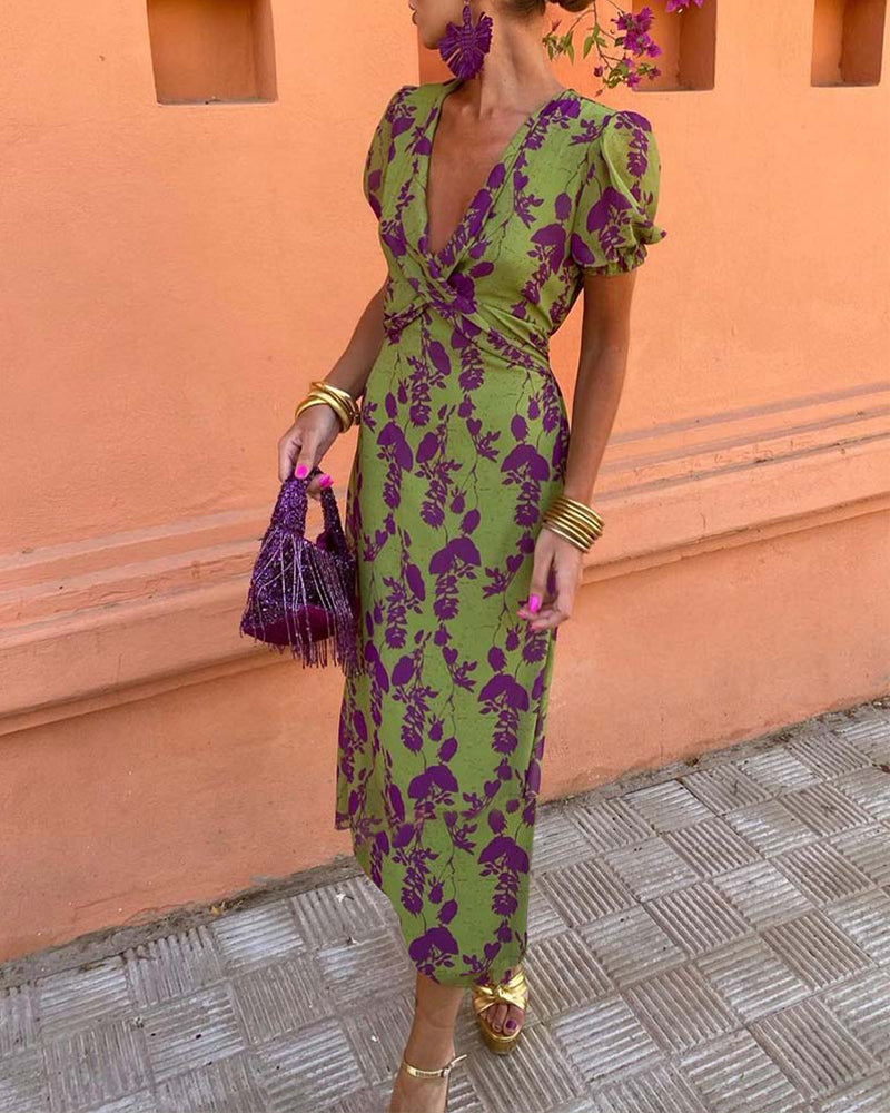 Elegant Leaf Print Deep V Puff Sleeve A-Line Dress 0