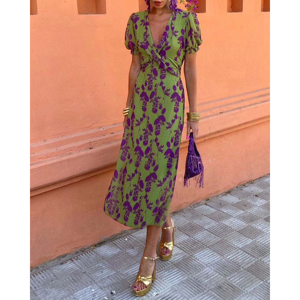 Elegant Leaf Print Deep V Puff Sleeve A-Line Dress 2