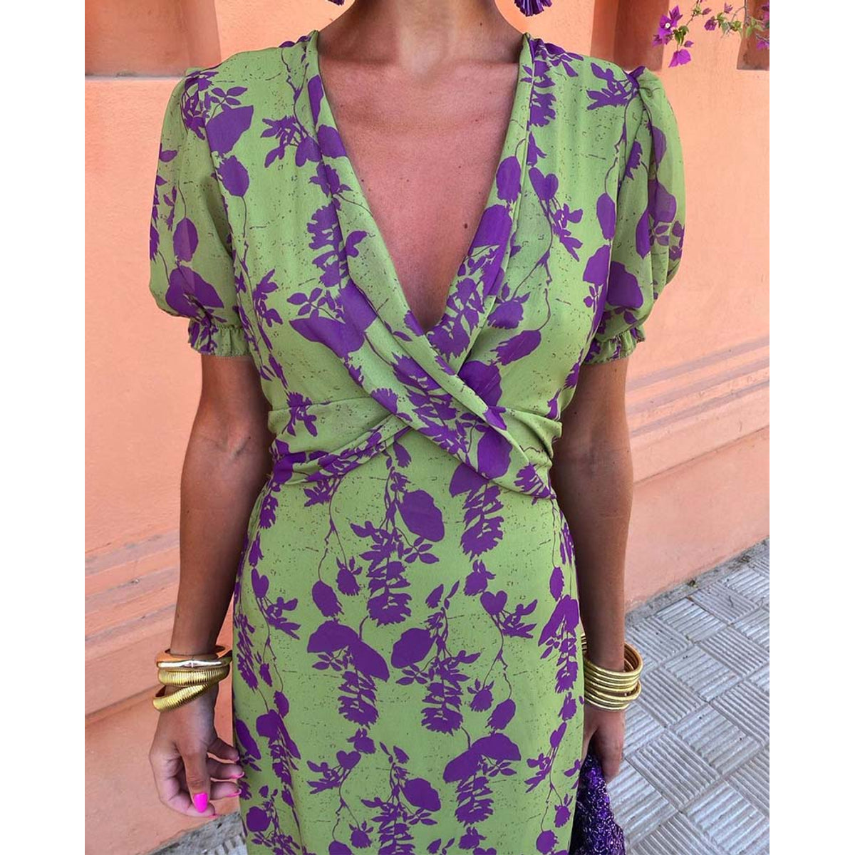 Elegant Leaf Print Deep V Puff Sleeve A-Line Dress 3