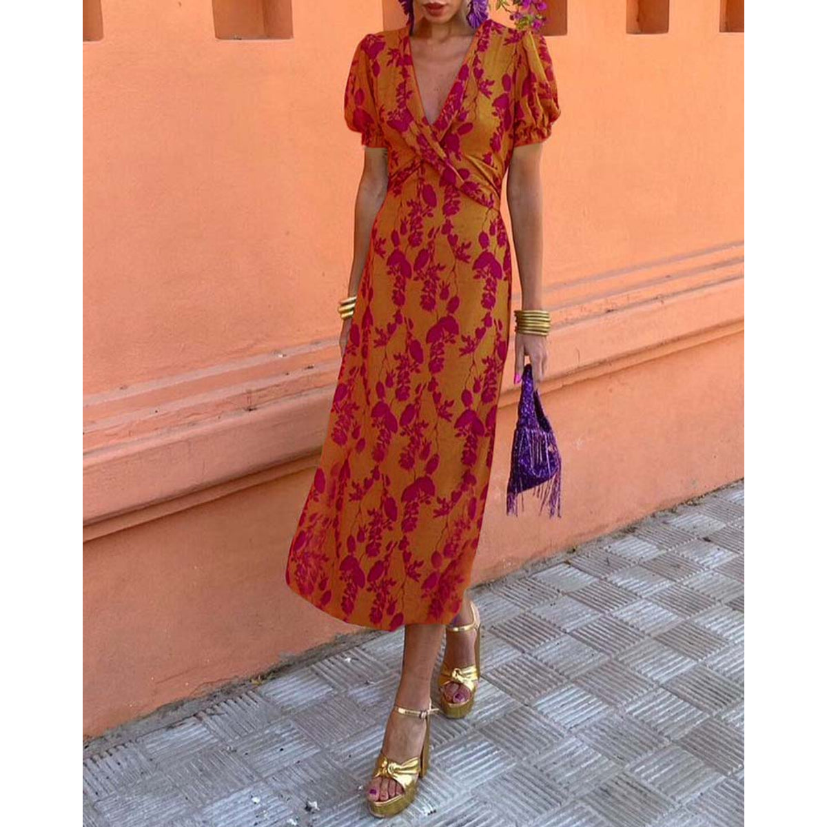 Elegant Leaf Print Deep V Puff Sleeve A-Line Dress 7