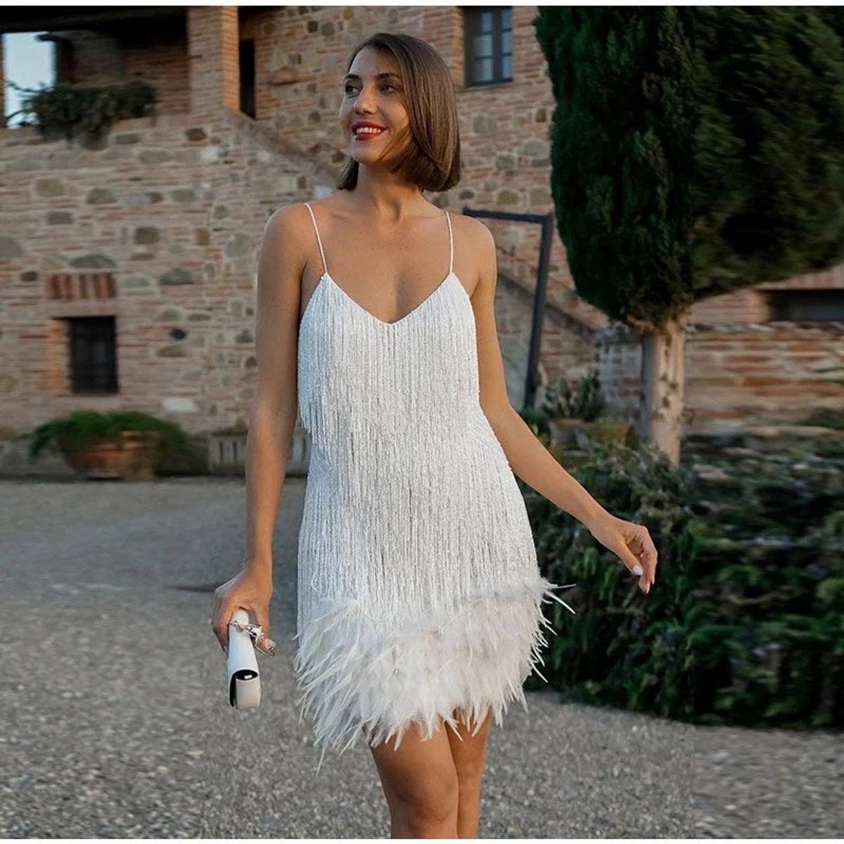 Elegant White Cocktail Dress Women Spaghetti Straps Glamorous Sequins Party Dress 3