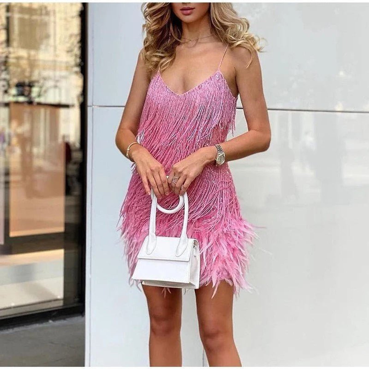 Elegant White Cocktail Dress Women Spaghetti Straps Glamorous Sequins Party Dress 7