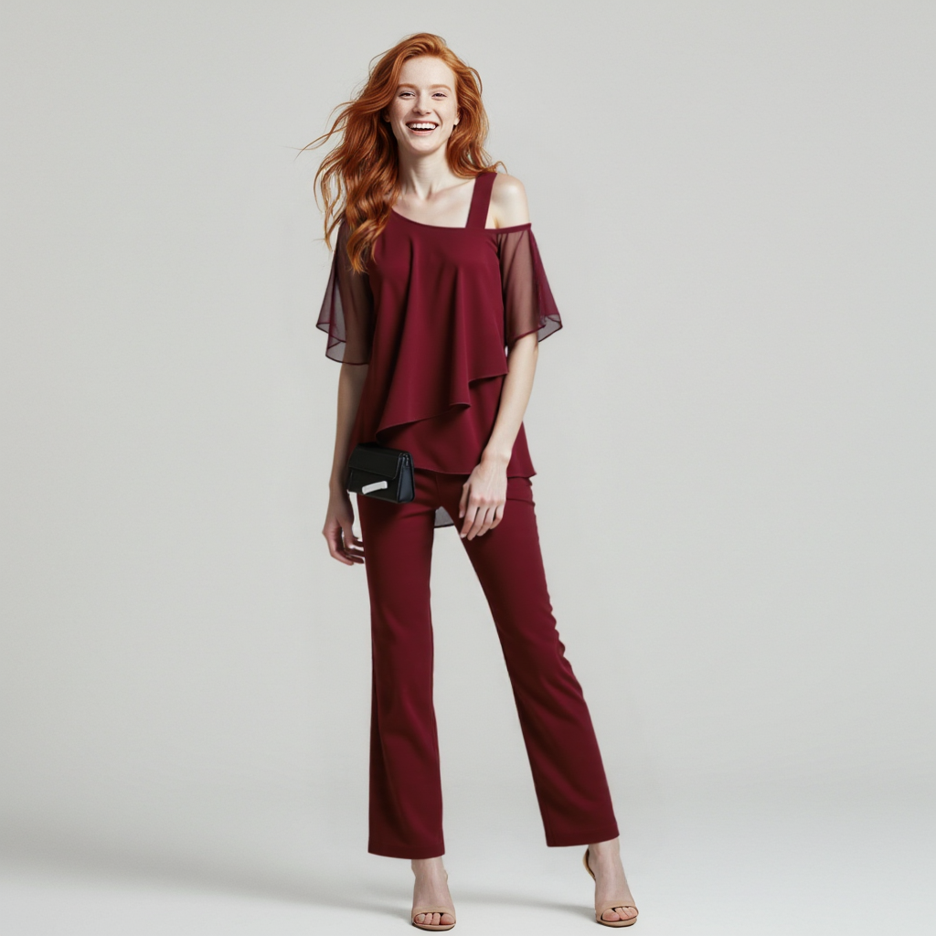 Elegant Women's Jumpsuit Cold Shoulder Two-Piece Set Chic Fashion 4