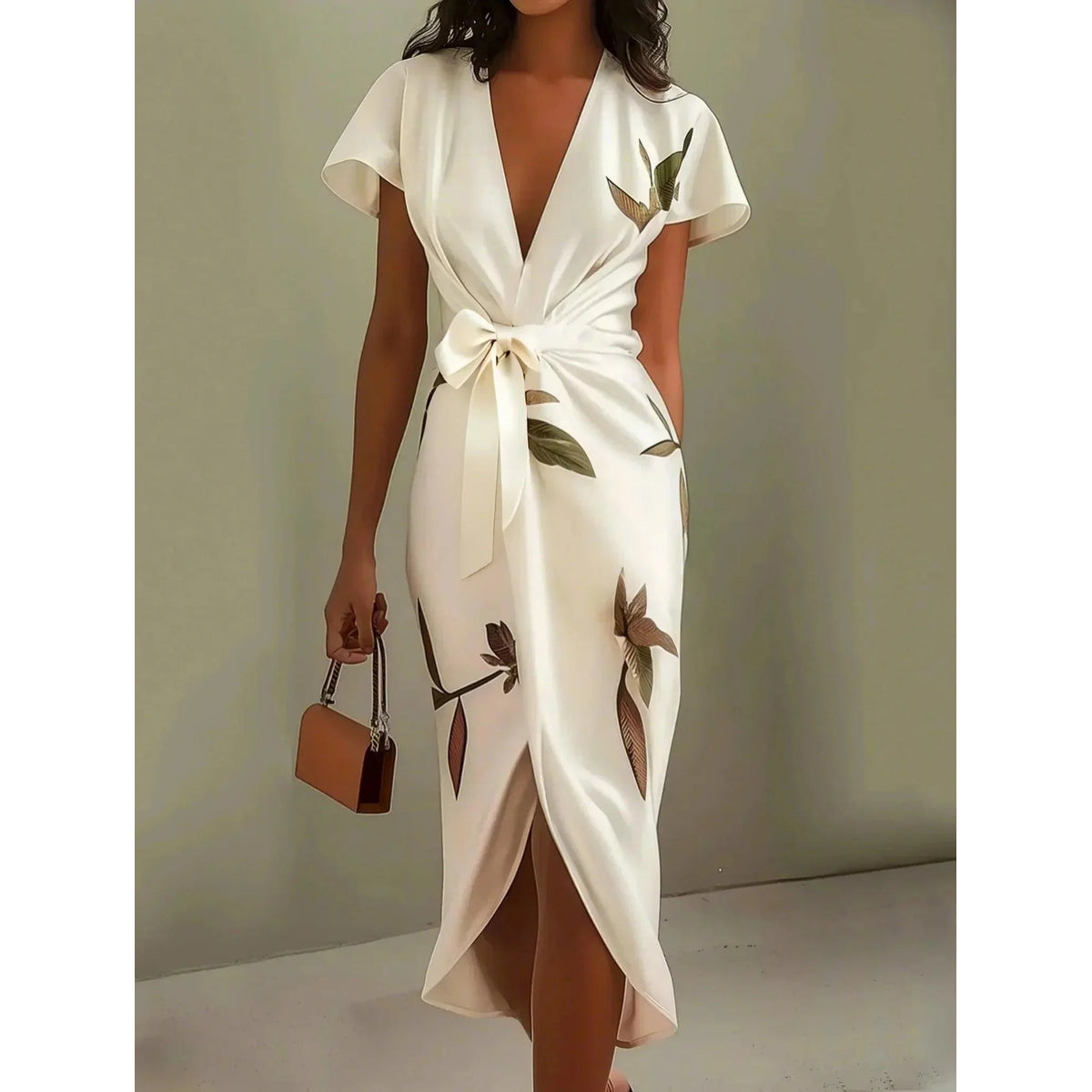 Elegant Wrap Dress Women Leaf Print Summer Wedding Guest Dress 0