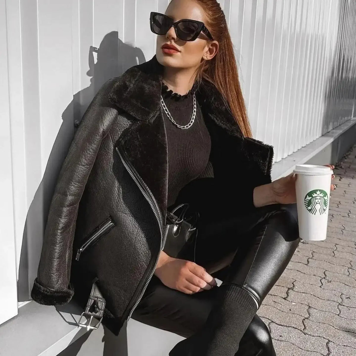 Faux Fur Coat Women Winter Biker Jacket with Belt Stylish Warmth 0