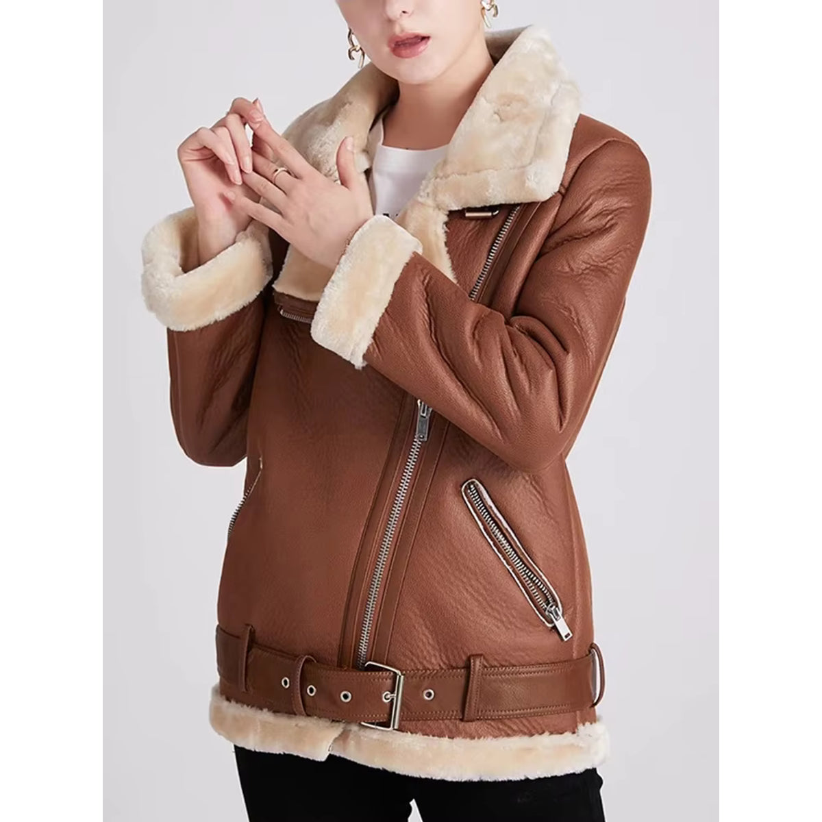 Faux Fur Coat Women Winter Biker Jacket with Belt Stylish Warmth