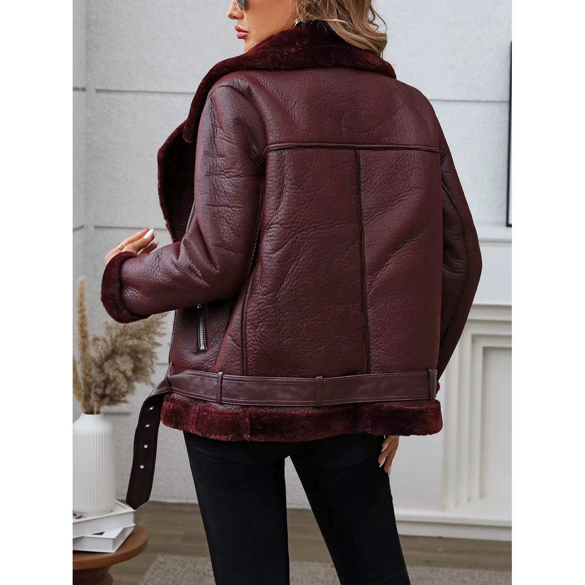 Faux Fur Coat Women Winter Biker Jacket with Belt Stylish Warmth