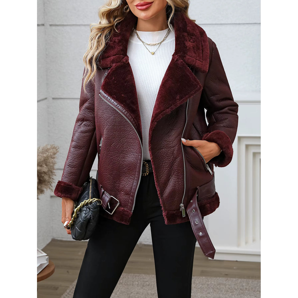 Faux Fur Coat Women Winter Biker Jacket with Belt Stylish Warmth