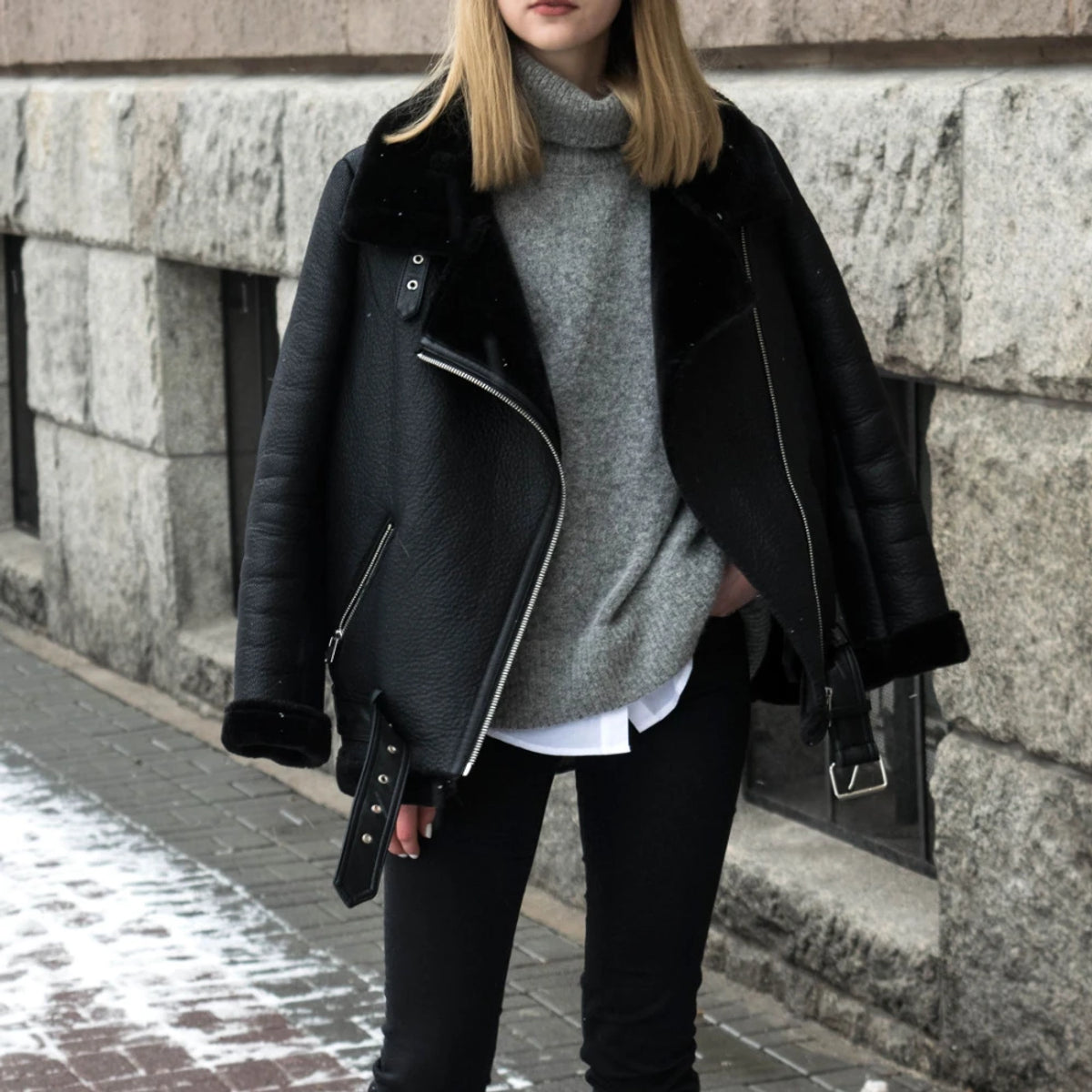 Faux Fur Coat Women Winter Biker Jacket with Belt Stylish Warmth 2