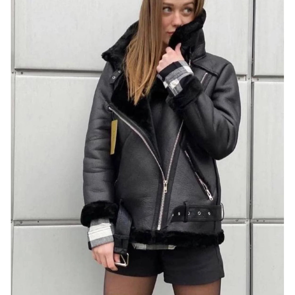 Faux Fur Coat Women Winter Biker Jacket with Belt Stylish Warmth 3