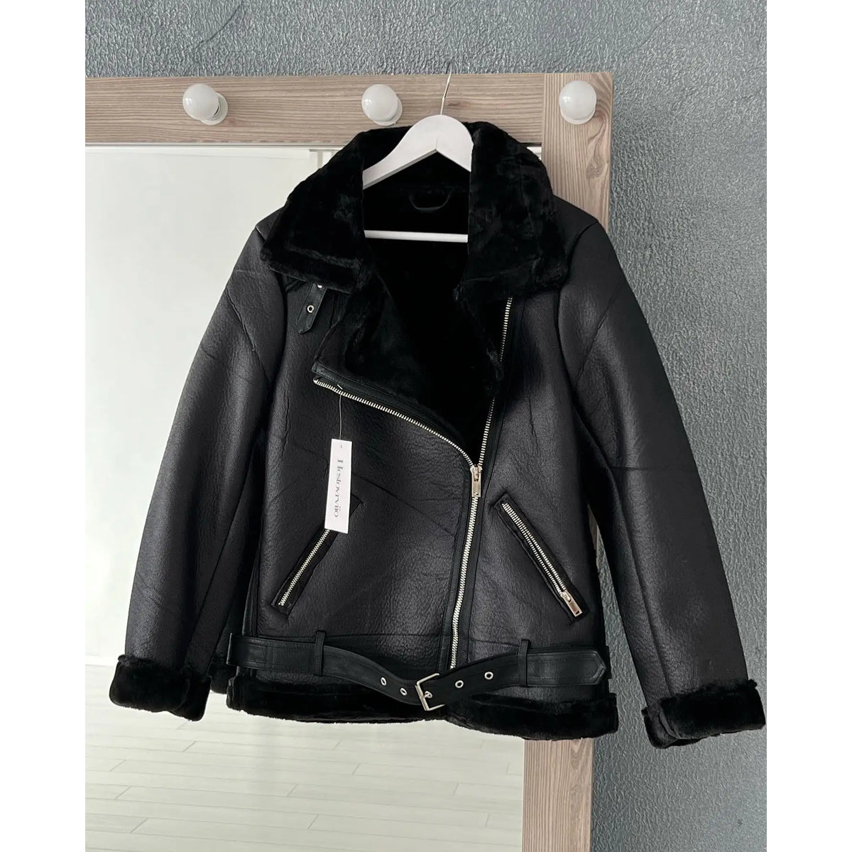 Faux Fur Coat Women Winter Biker Jacket with Belt Stylish Warmth 4