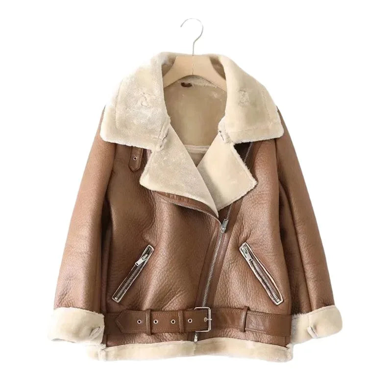 Faux Fur Coat Women Winter Biker Jacket with Belt Stylish Warmth 8