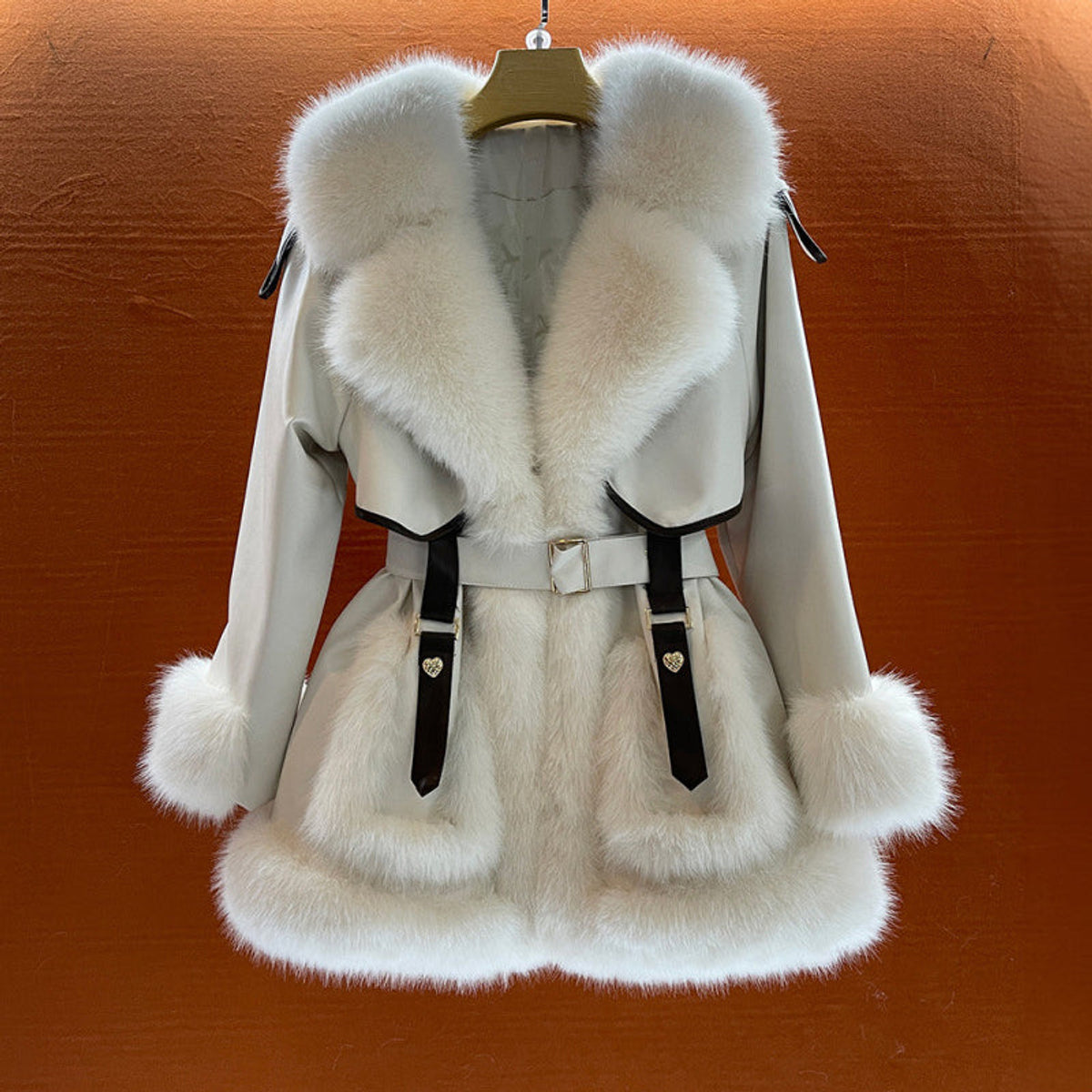Faux Fur Coat Women's Elegant Winter Outerwear with Belted Waist 0