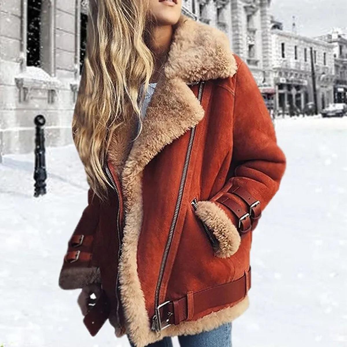 Faux Fur Lined Moto Jacket Women Stylish Urban Chic Winter Outerwear 0