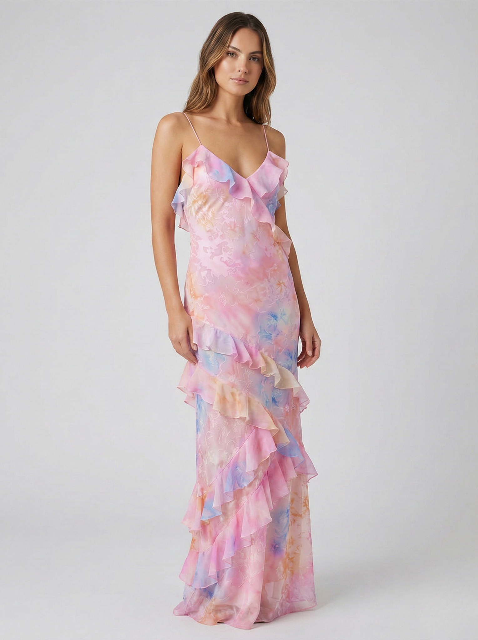 Floral Maxi Dress Women Soft Pastel Ruffle Flowing Long Dress 0
