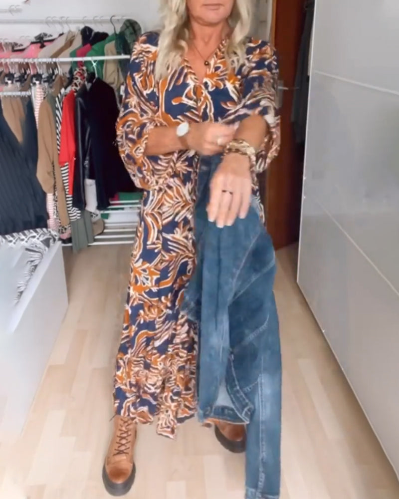Floral Maxi Dress with Sleeves V Neck A-Line Casual for Vacation 1