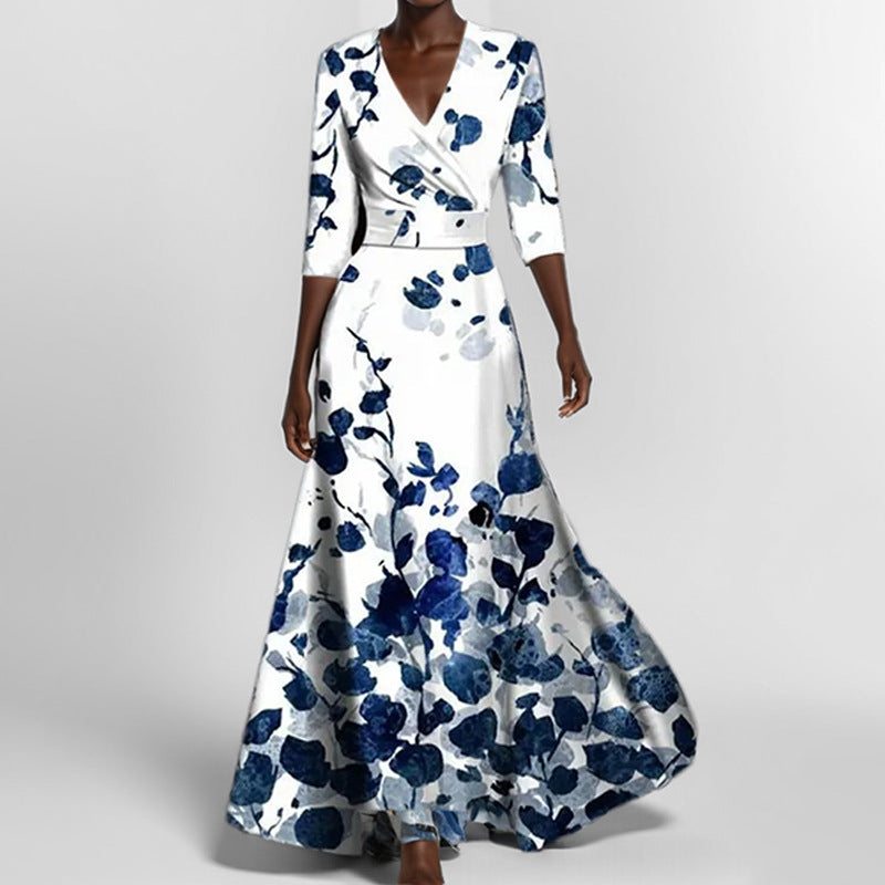 Floral Print V-Neck Maxi Dress Women Elbow Sleeves with Pockets 2