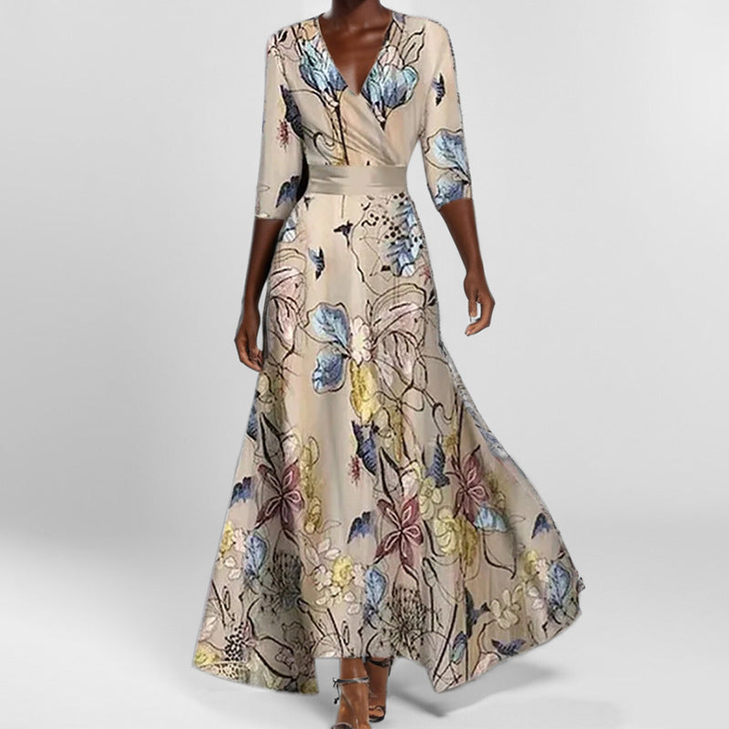 Floral Print V-Neck Maxi Dress Women Elbow Sleeves with Pockets 3