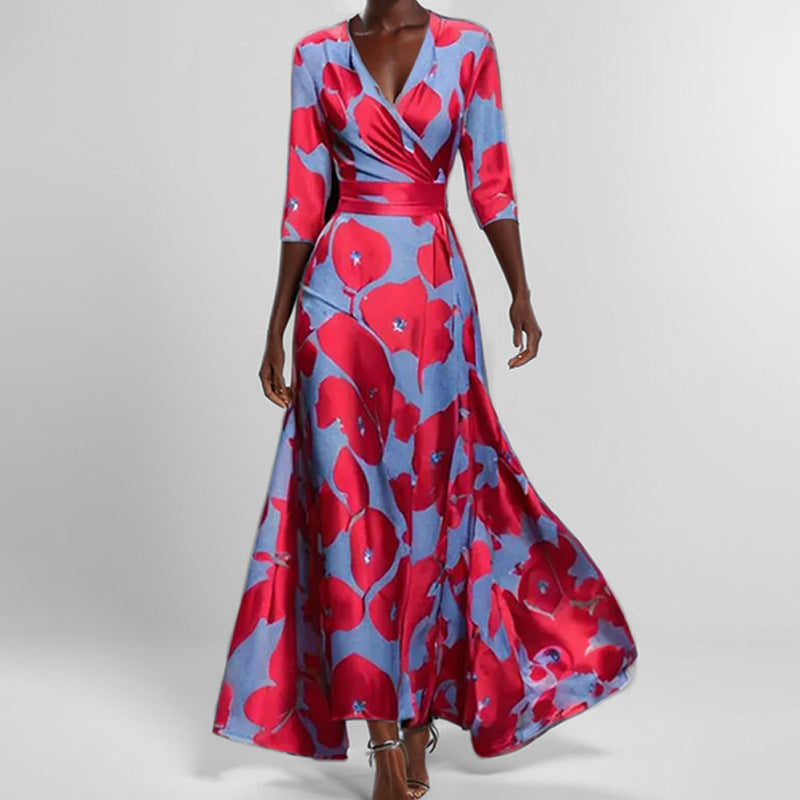 Floral Print V-Neck Maxi Dress Women Elbow Sleeves with Pockets 4