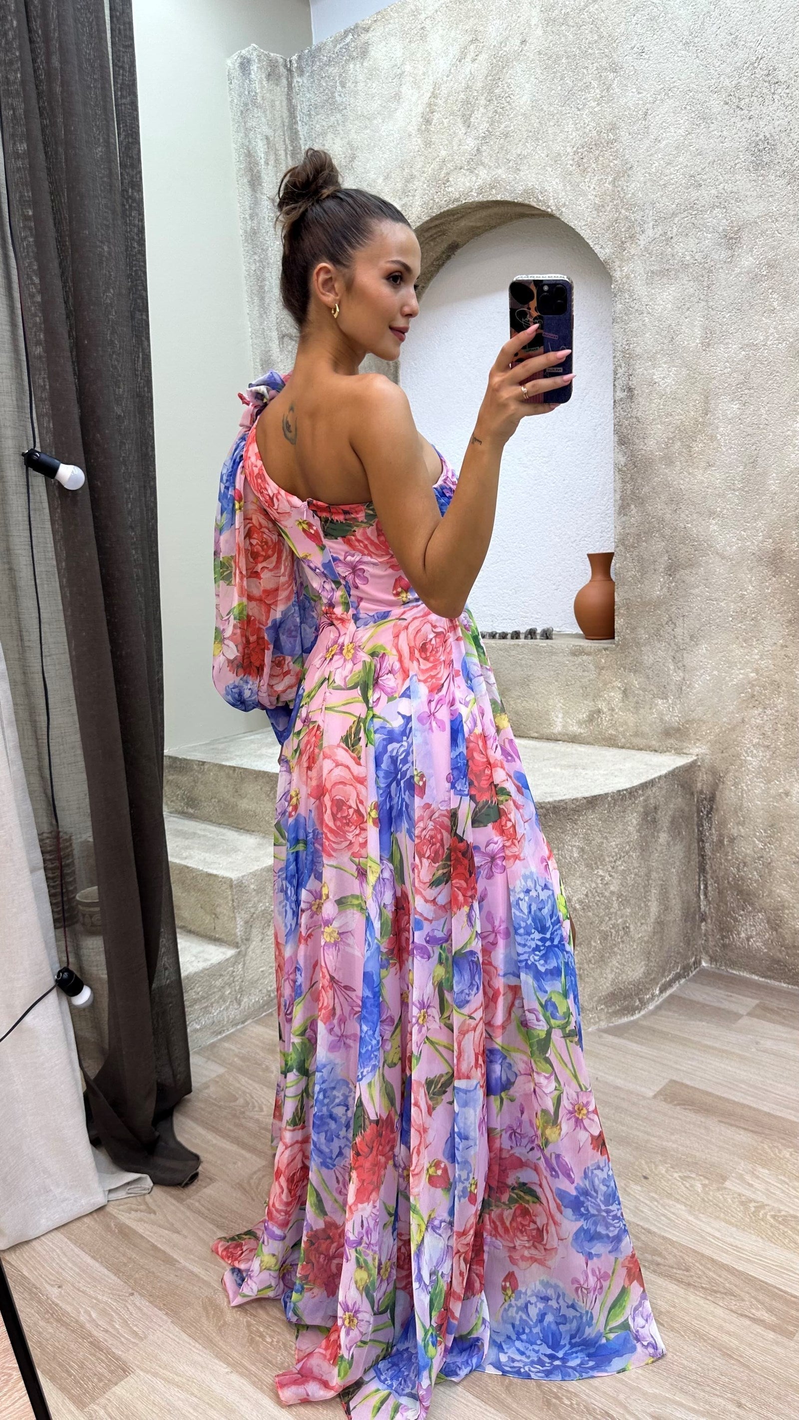 Flowy Shoulder Dress Women Chic Floral Print Summer Event Maxi Dress 1
