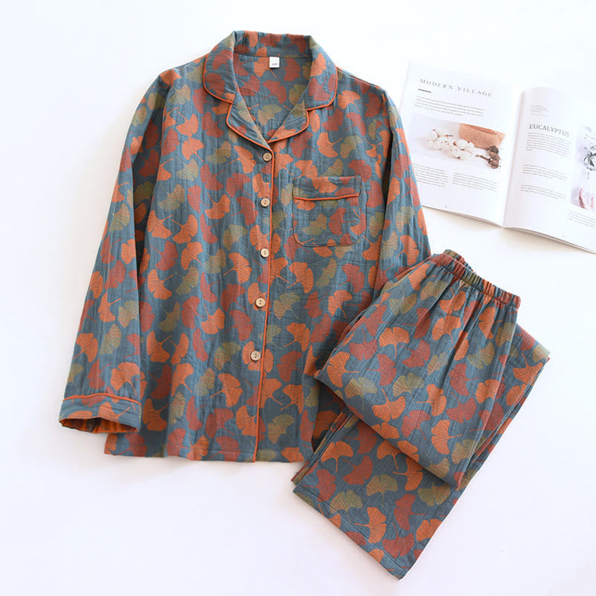 Ginkgo Leaf Button Cotton Loungewear Set Women Breathable Chic Style 0