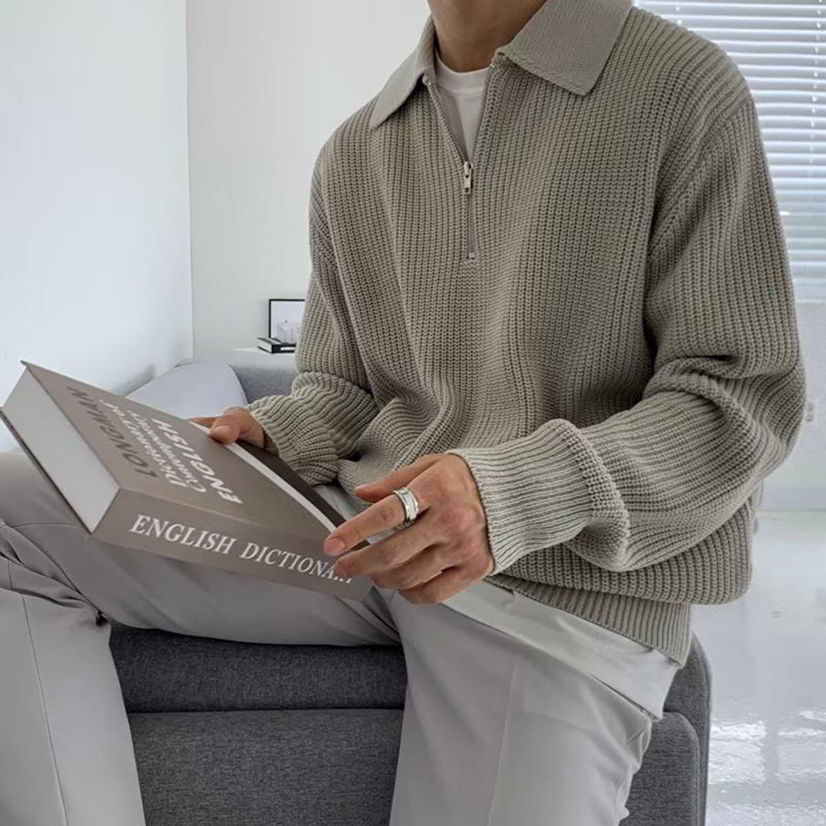 Half-Zip Polo Sweater Men Cotton Textured Design Casual Stylish 3