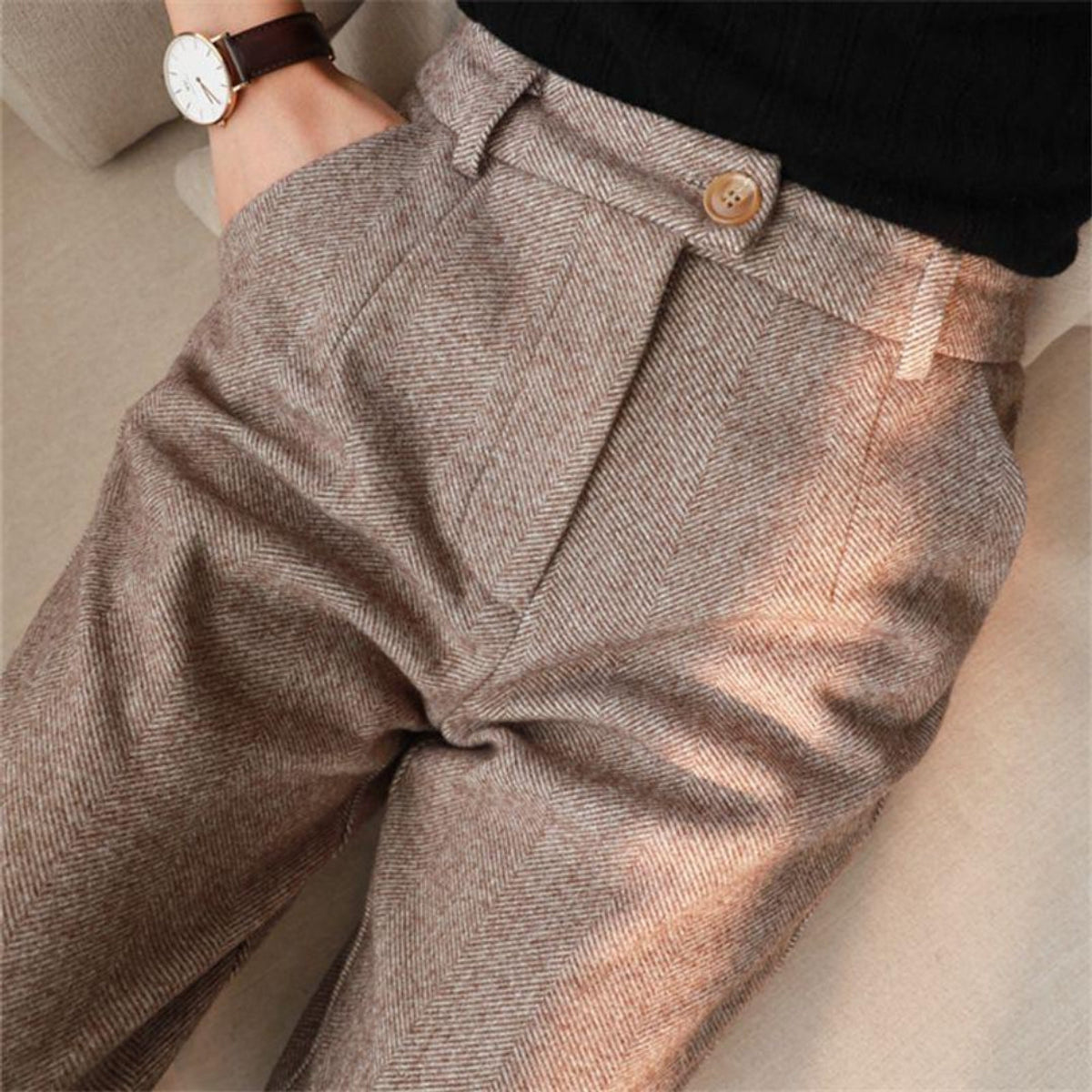 Heritage Herringbone Trousers Men Tailored Fit Smart Casual Elegance 7