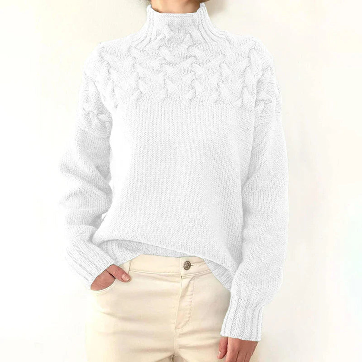 High Neck Cable Knit Sweater Women Sophisticated Elegant Design 10