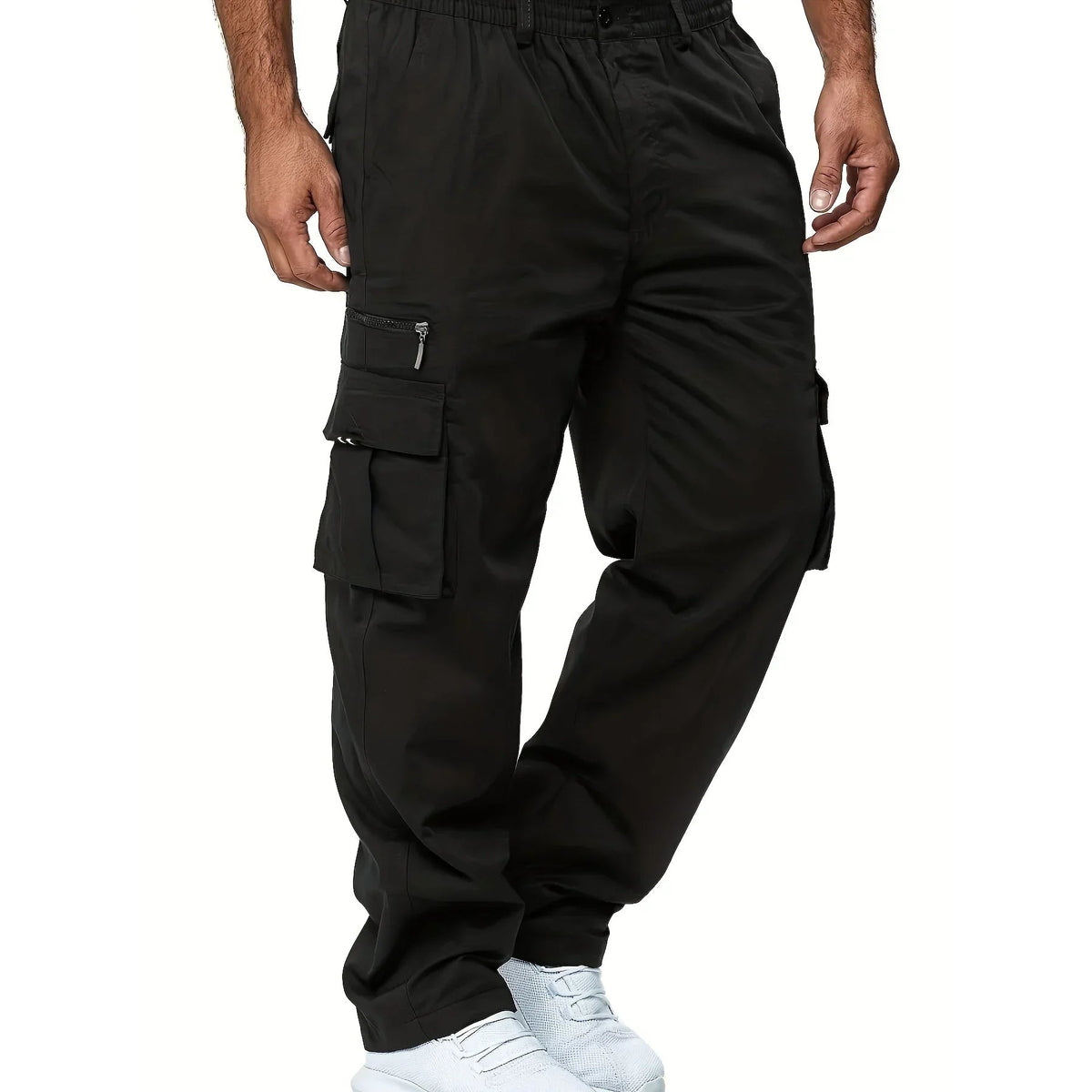 High Waist Black Cargo Pants for Men - Relaxed Fit, Utility Pockets, Soft Fabric 0