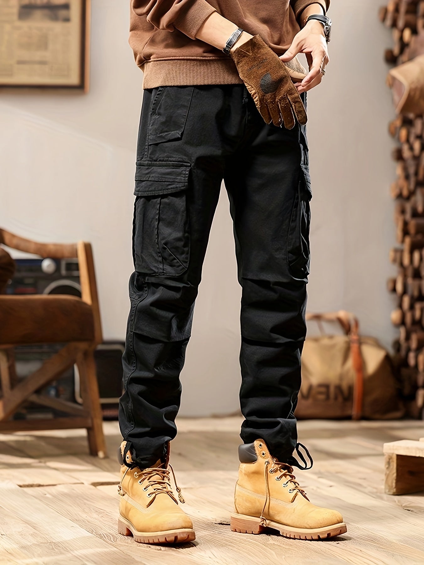 High Waist Black Cargo Pants for Men - Relaxed Fit, Utility Pockets, Urban Style 4
