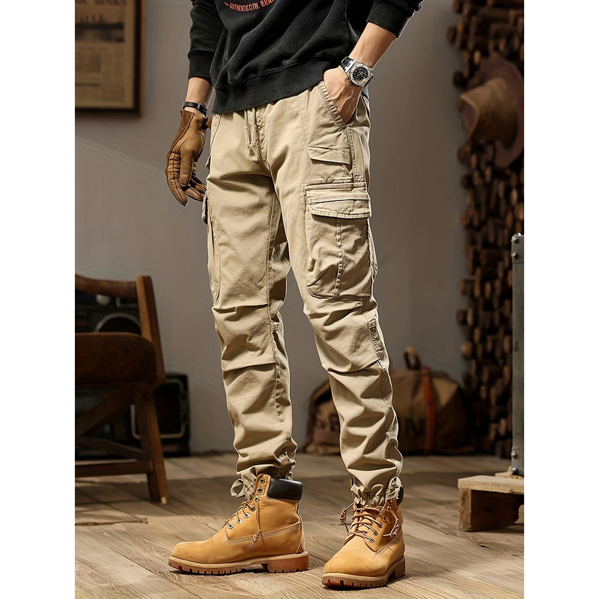 High Waist Black Cargo Pants for Men - Relaxed Fit with Utility Pockets 0