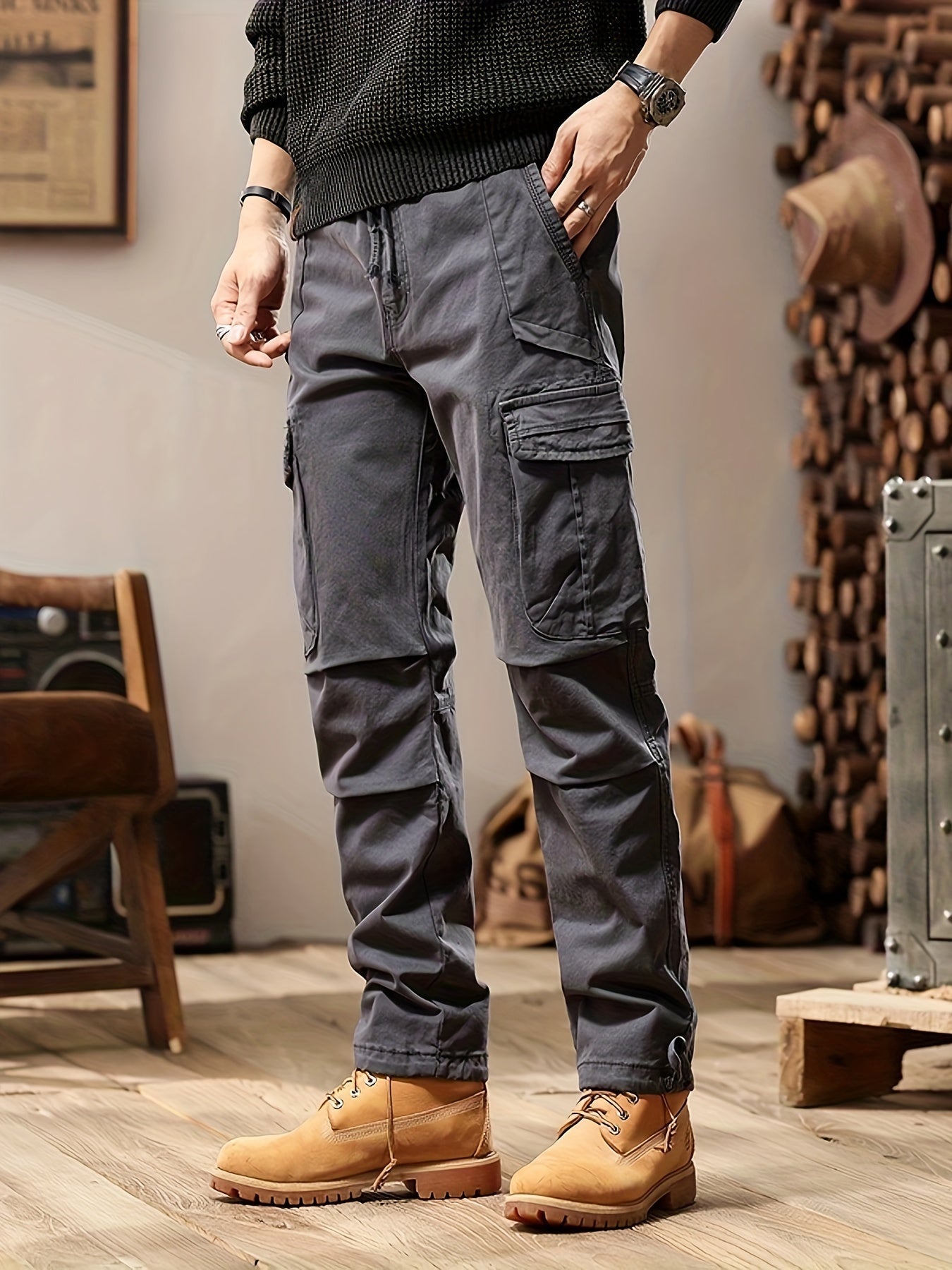 High Waist Black Cargo Pants for Men - Relaxed Fit with Utility Pockets 3
