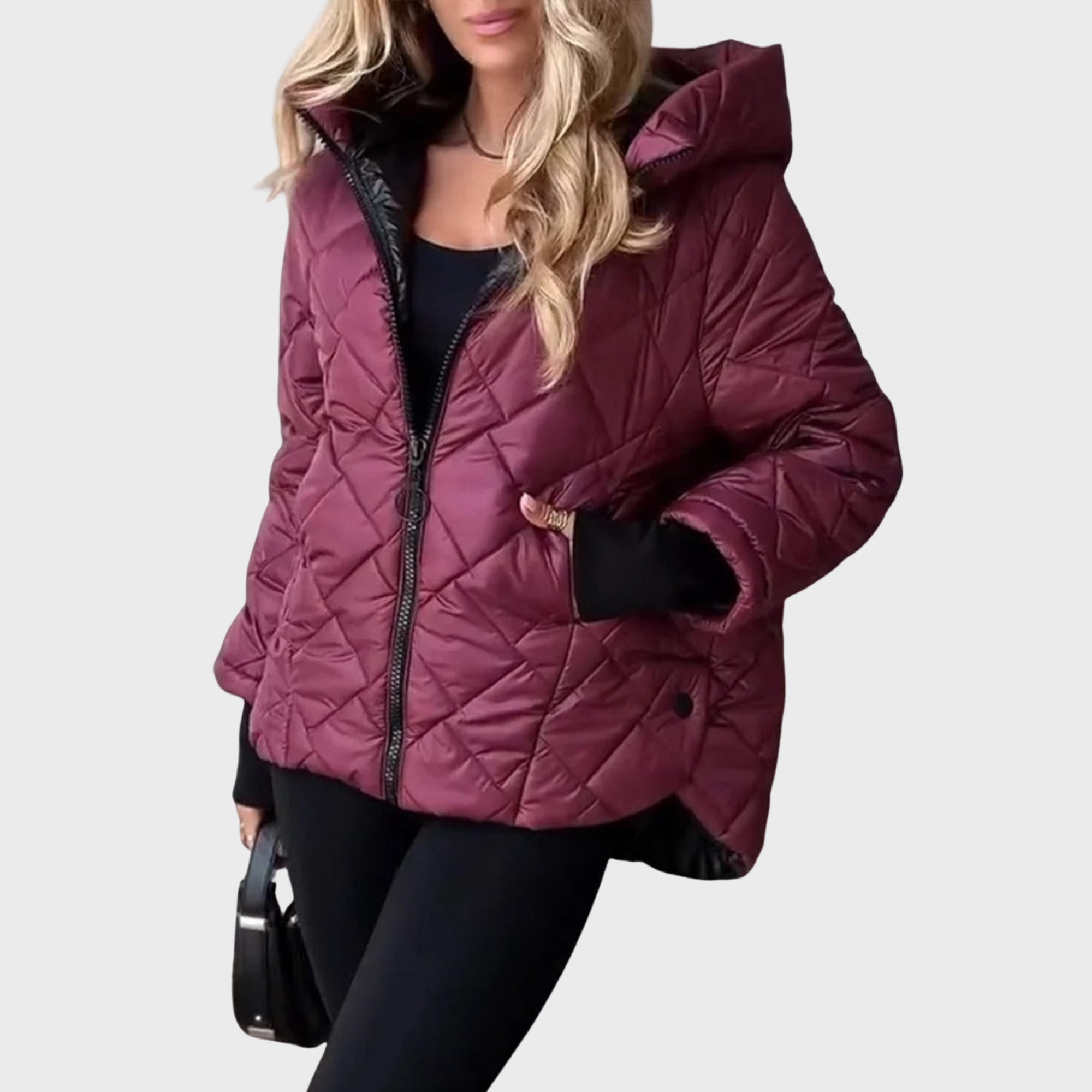 Hooded Black Puffer Jacket Women Insulated Diamond Quilted Winter Coat 1