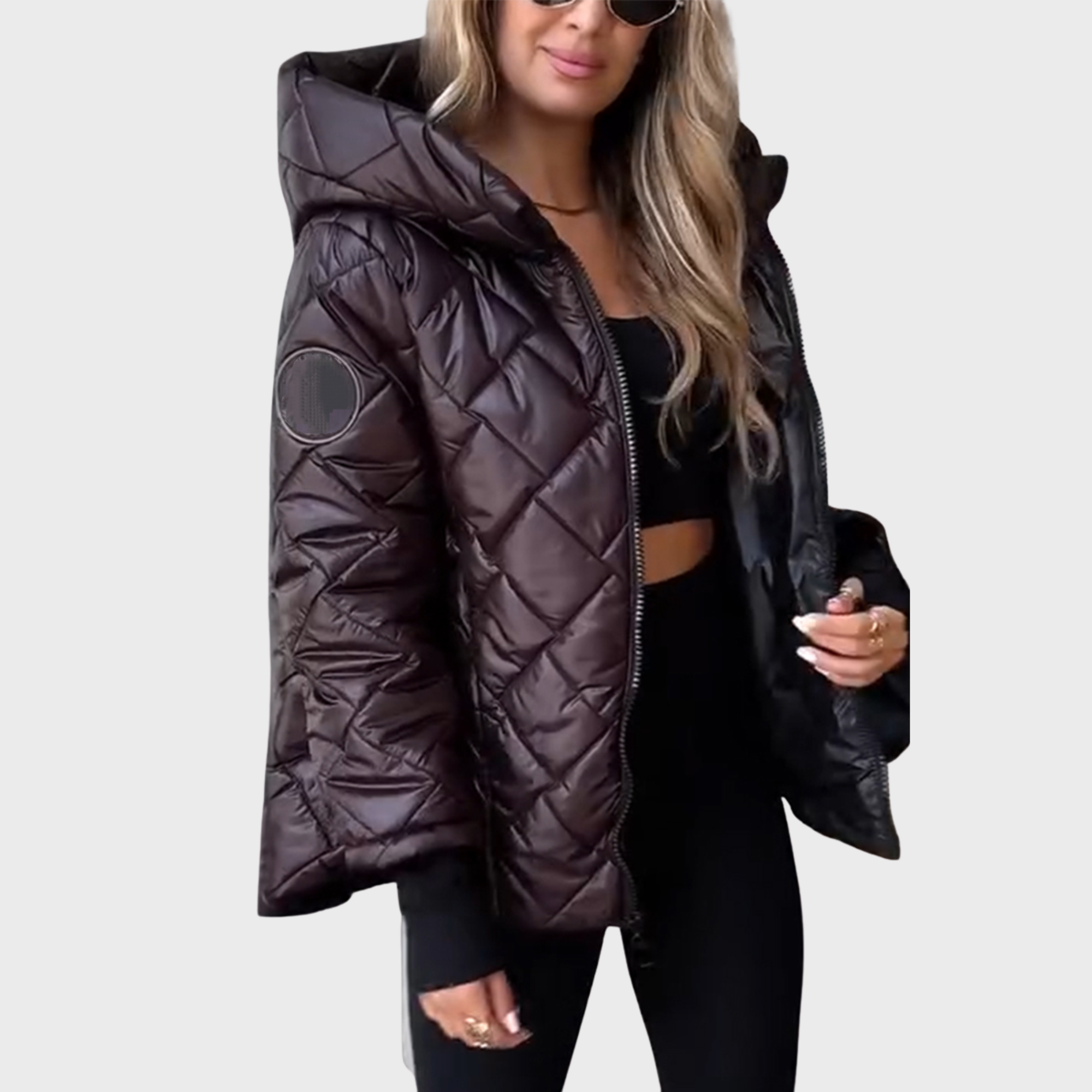 Hooded Black Puffer Jacket Women Insulated Diamond Quilted Winter Coat 2
