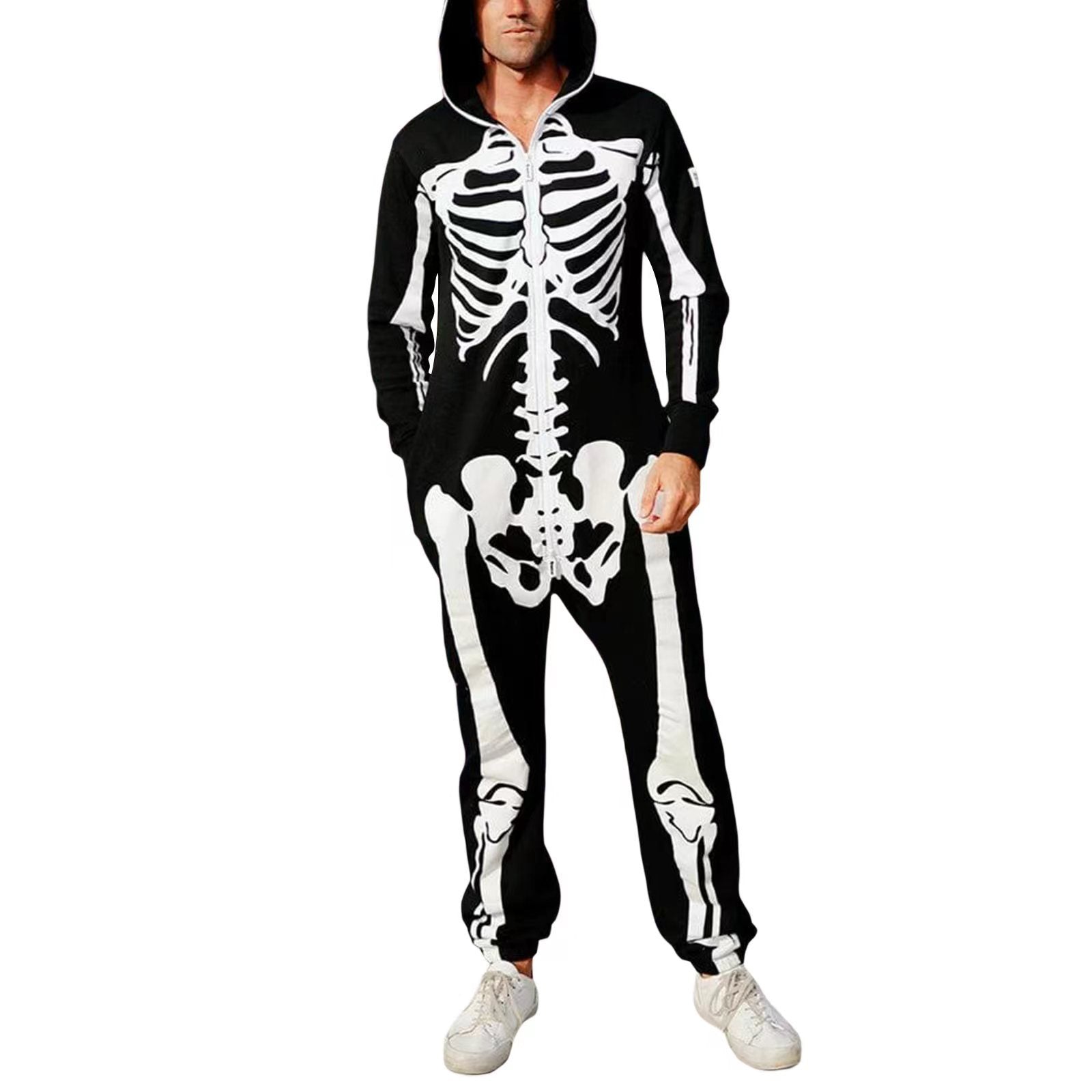 Hooded Jumpsuit Men Skeleton Print Cozy Casual Wear 2