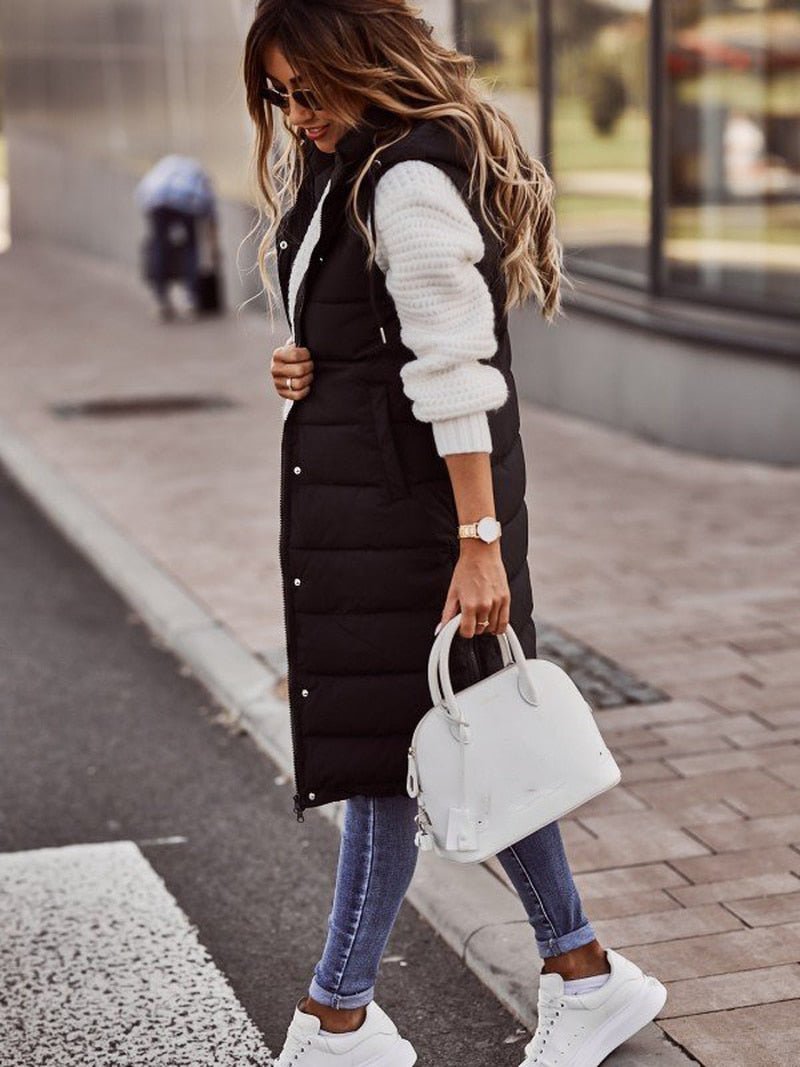Knee-Length Puffer Vest Women Stylish Warm Layering Essential 1