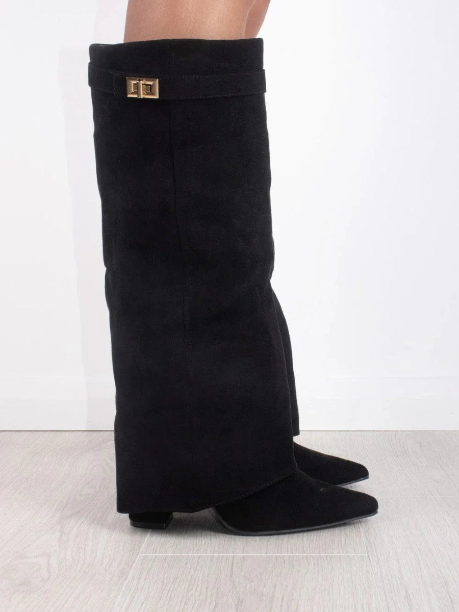 Knee High Boots Women Black Wide Flare Top Block Heel Chic 2