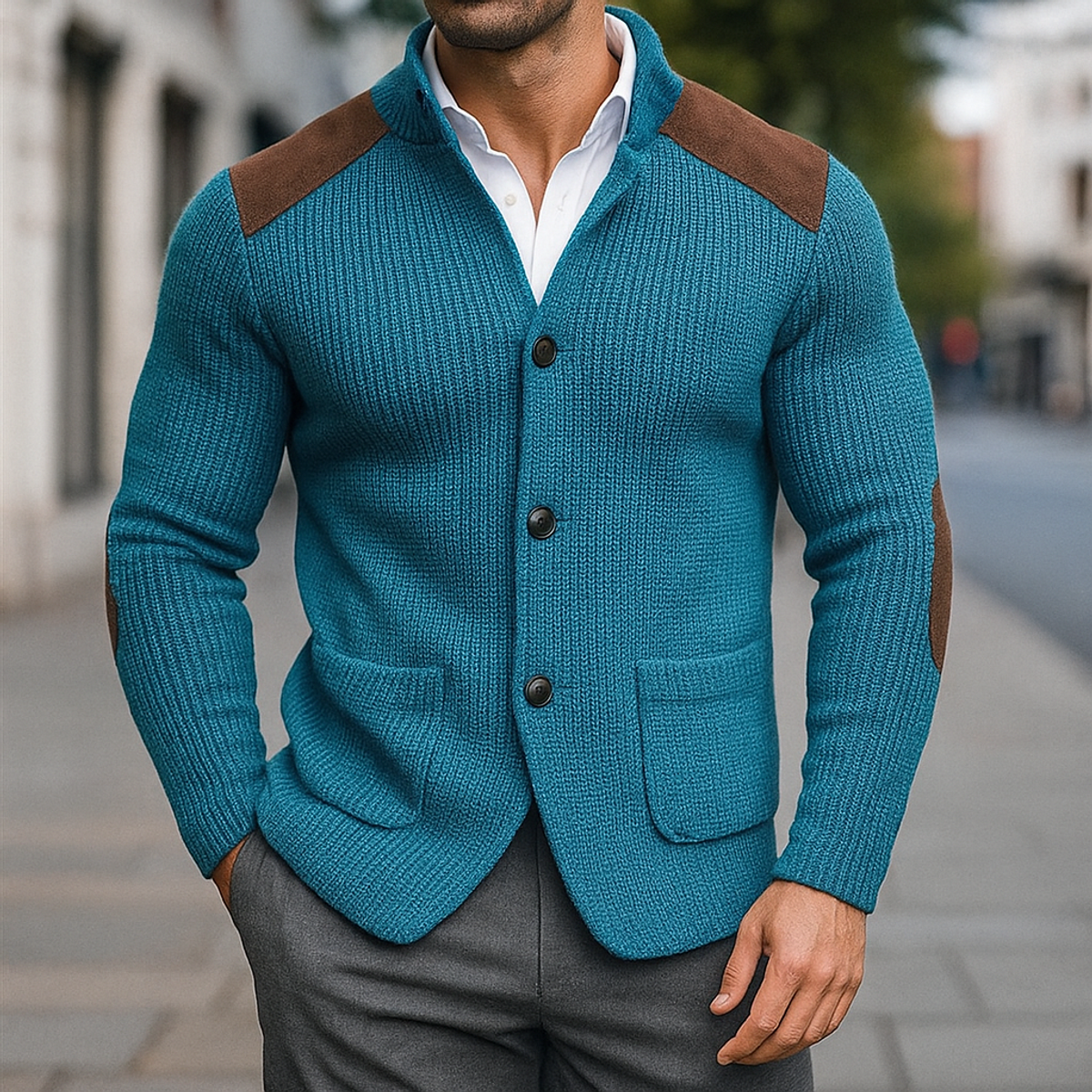 Knitted Blazer with Suede Accents Modern Elegance Casual Chic 4