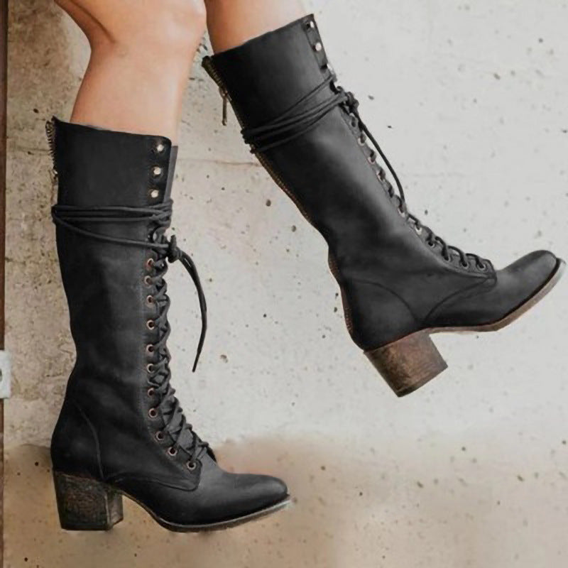 Lace-Up Knee High Boots for Women Block Heel Stylish Comfort 0