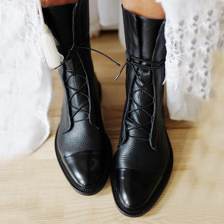 Lace-Up Leather Black Ankle Boots Women Classic Stylish Design 0