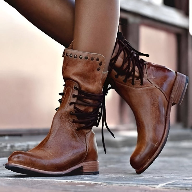 Lace-Up Mid-Calf Boots Women Studded Vintage Style Low Heel Casual 0