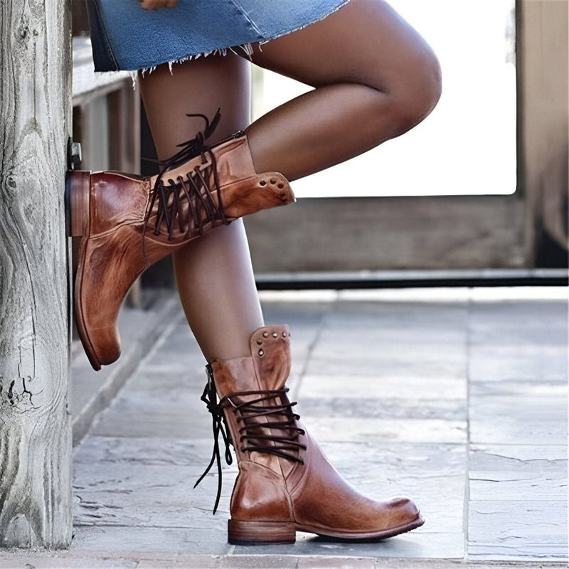 Lace-Up Mid-Calf Boots Women Studded Vintage Style Low Heel Casual 1