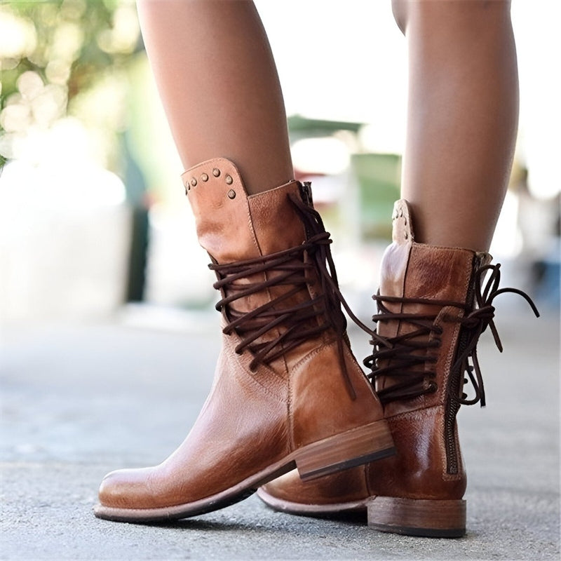 Lace-Up Mid-Calf Boots Women Studded Vintage Style Low Heel Casual 3