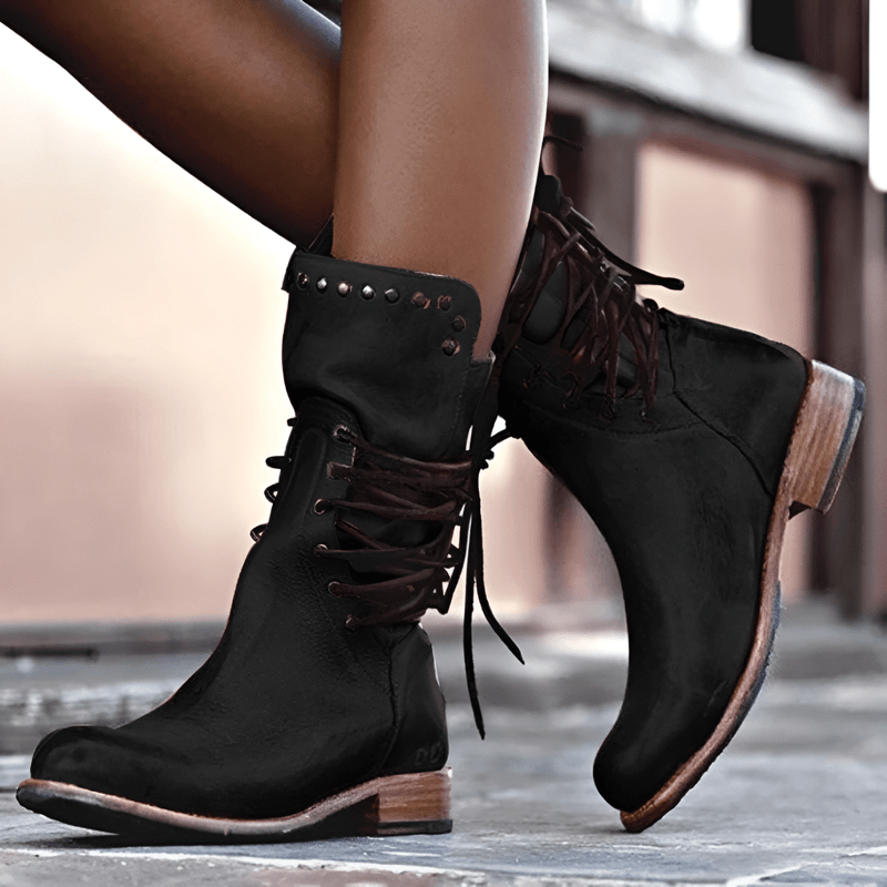 Lace-Up Mid-Calf Boots Women Studded Vintage Style Low Heel Casual 5