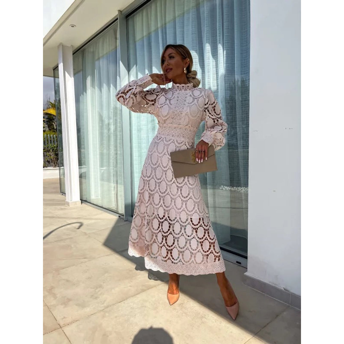 Lace Midi Dress with Sleeves High Neck Elegant Charm for Women 0