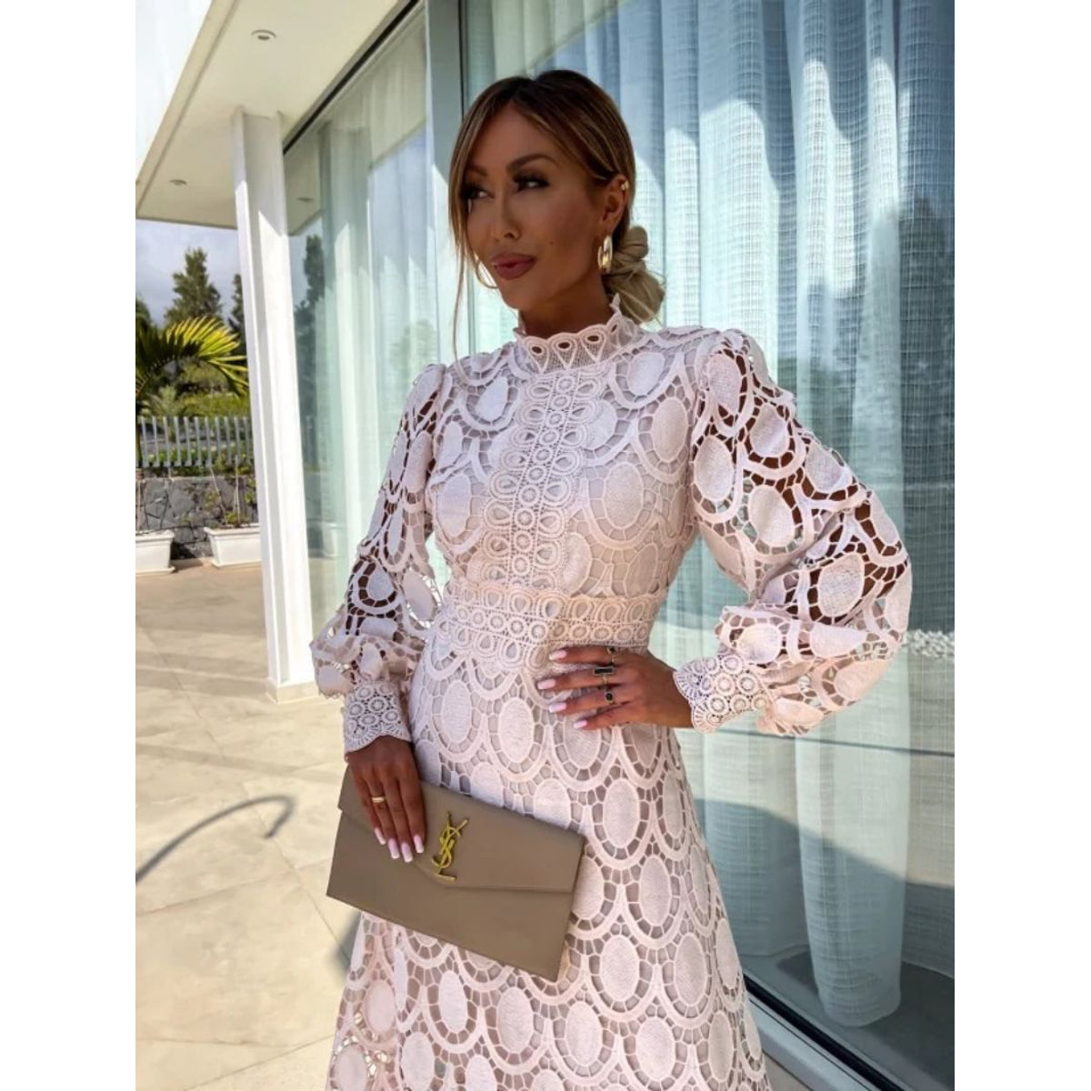Lace Midi Dress with Sleeves High Neck Elegant Charm for Women 1