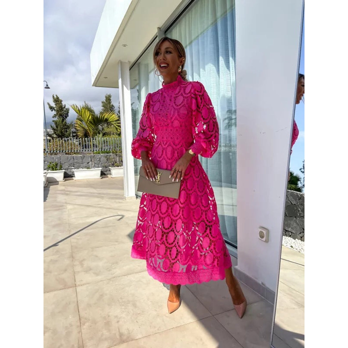 Lace Midi Dress with Sleeves High Neck Elegant Charm for Women 3